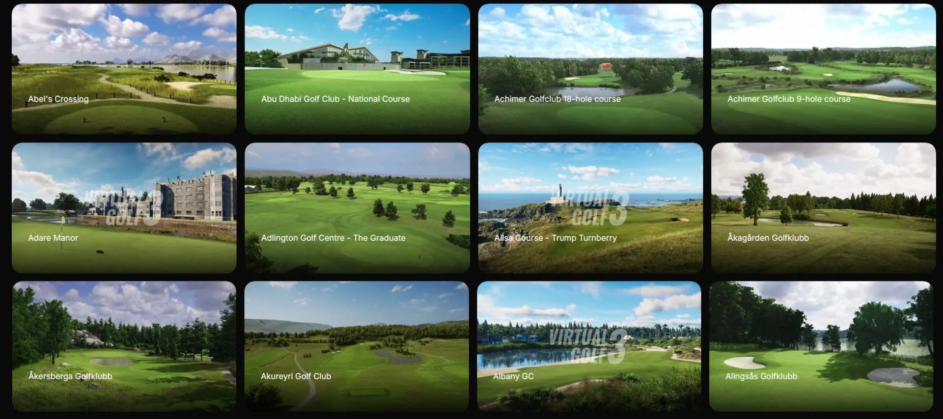 Mosaïque de 12 images présentant divers parcours de golf virtuels, chacun avec son nom affiché.